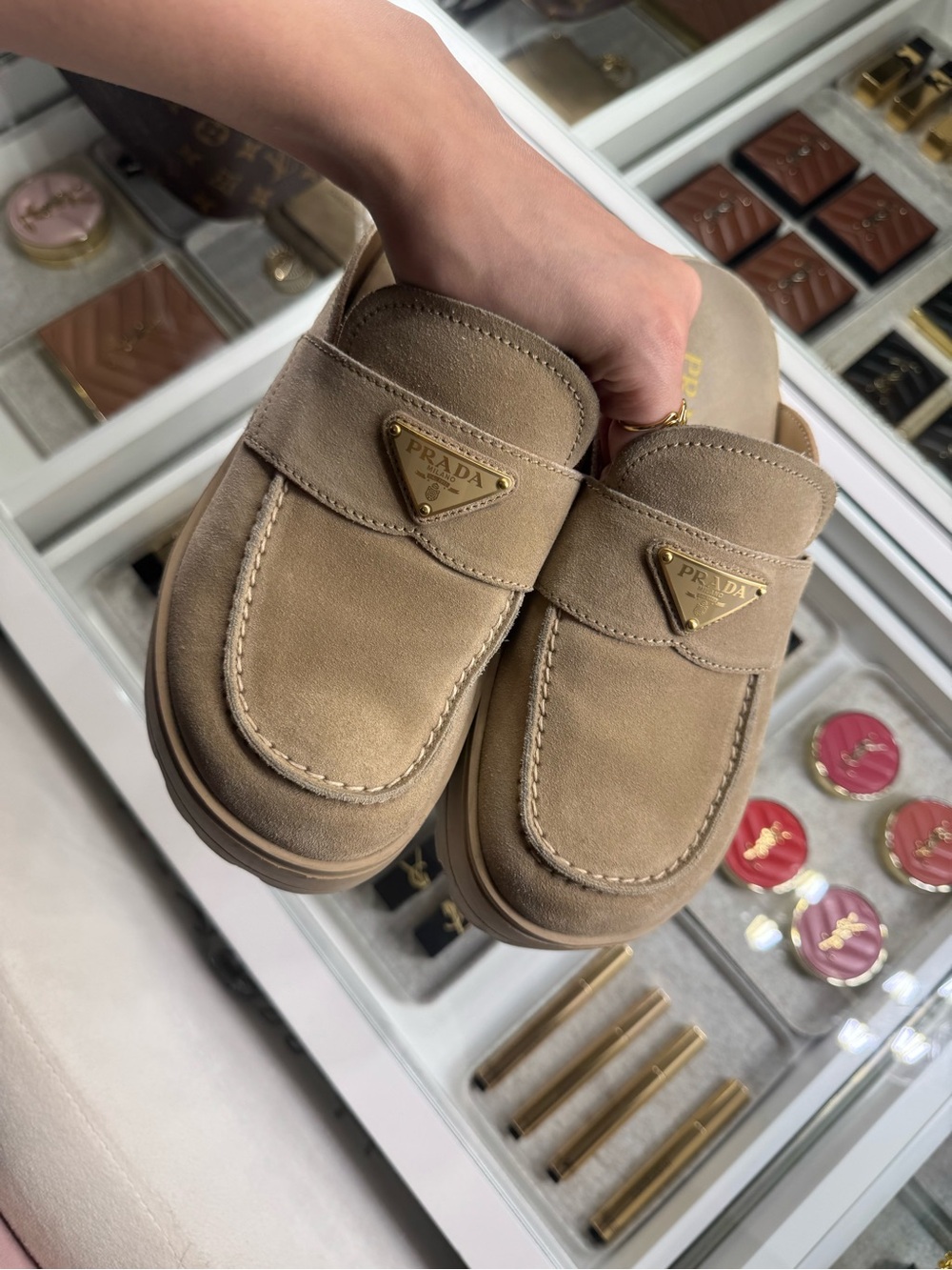 Prada Taupe Suede Slip-On Loafer Mule with Gold Triangle Logo